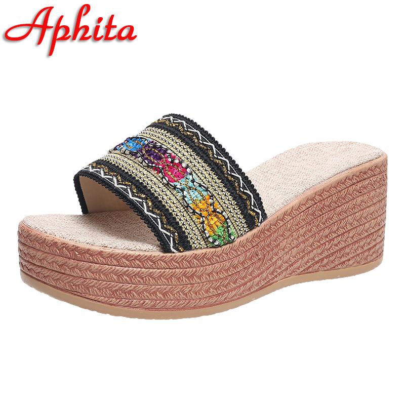 Aphixta Новые вышитые полосатые туфли на танкетке высотой 7 см, платформа, шлепанцы, женские, ретро, больших размеров 43, тапочки, уличная, сексуальная пляжная обувь