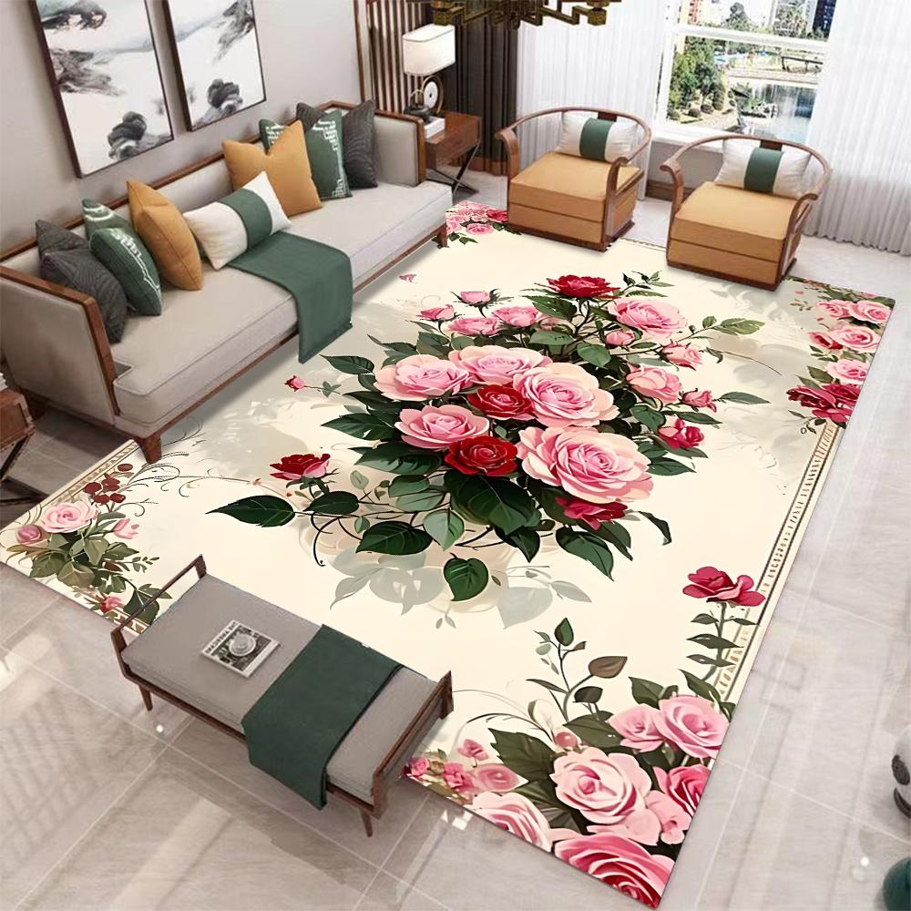 Luxurious Vintage Floral Print Area Rug Non-Slip Machine Washable Floor Mat for Living Room Bedroom Office Decor Washable Carpet
