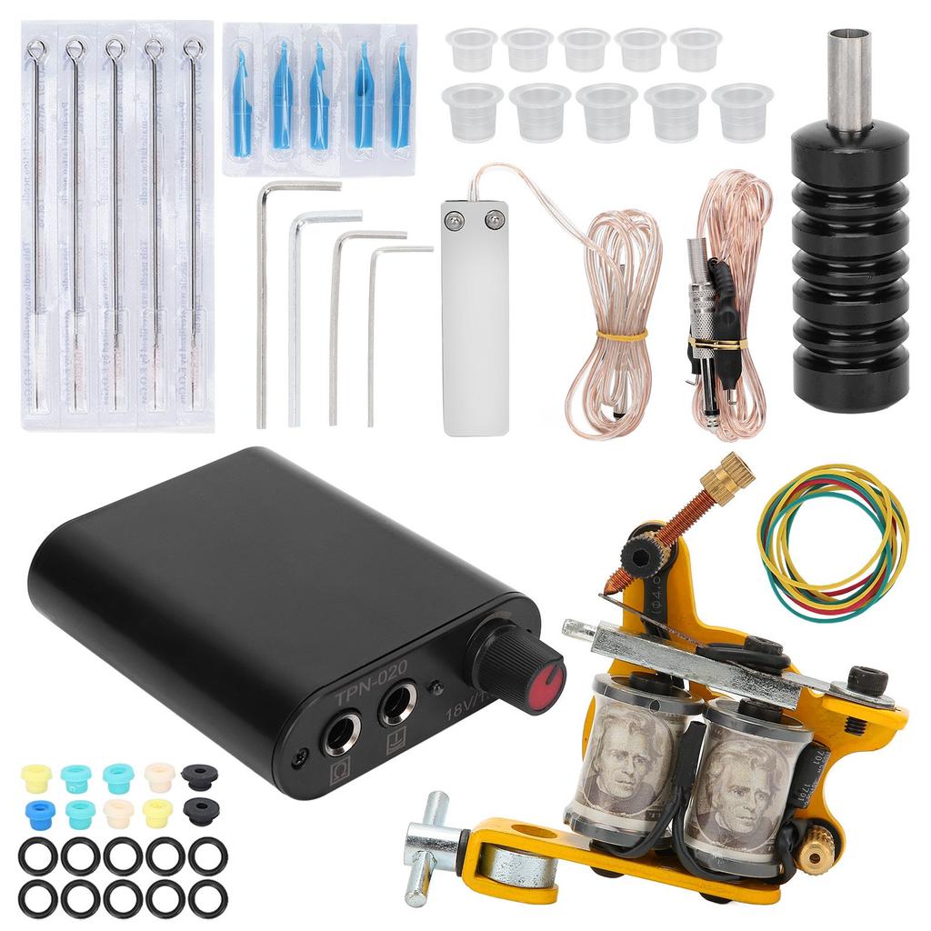 Набор для татуировки с катушкой, блок питания, шнур с зажимом, педаль, игла, чернильный стаканчик, набор для начинающих татуировок