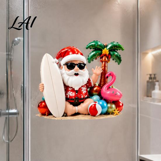 Beach Style Static Stickers Tropical Christmas Window Stickers Santa Claus Flamingo Palm Tree Surfing Board Party Supplies Decals Waterproof