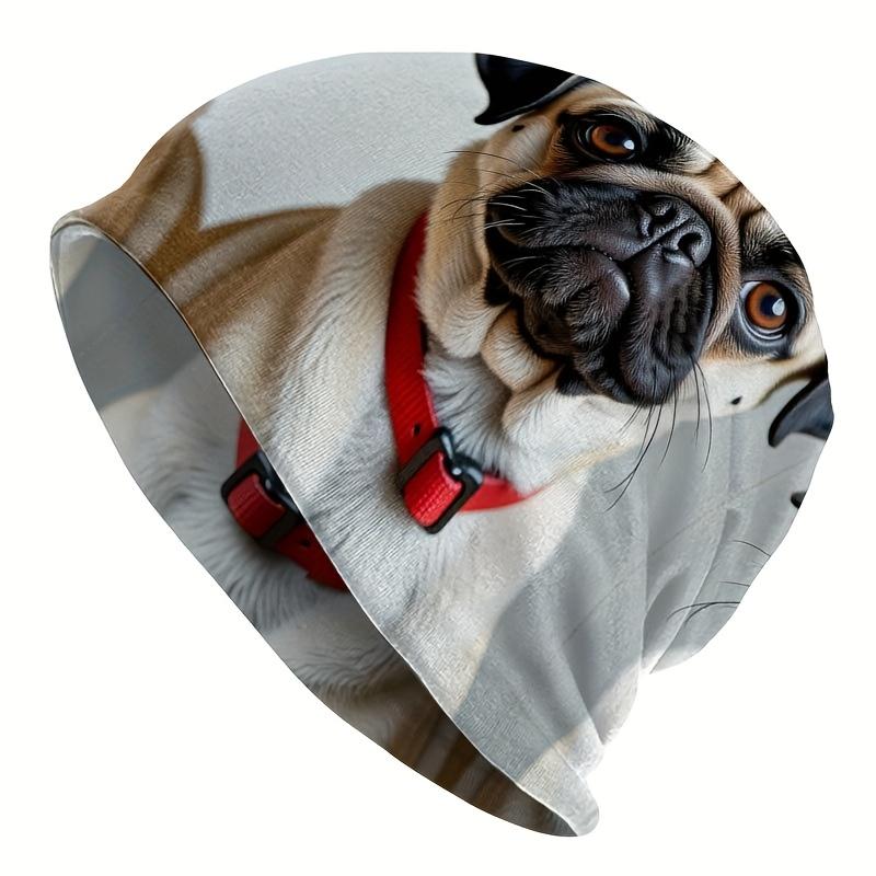 A Men'S Street Style Knit Hat Featuring a Cute Pug Design, Made from Durable Knit Fabric, Comfortable And Stretchy Fit, Perfect for Casual Outdoor Wea