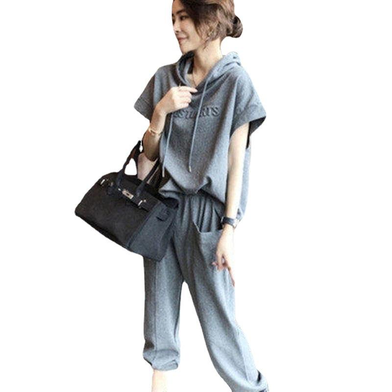 Женская спортивная одежда, стильные брюки с капюшоном + шнурок, однотонный короткий рукав, эластичный пояс, карманы для женщин, комплект из 2 предметов