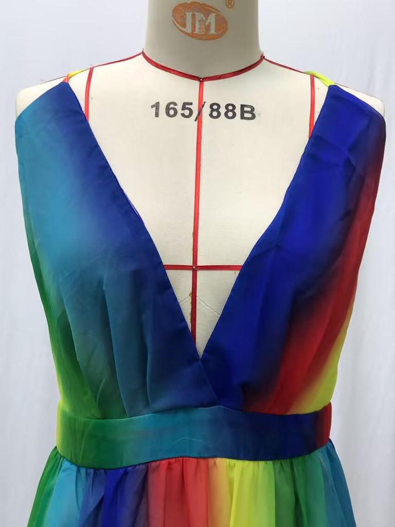 2025 Весна/Лето Европейское и Американское Женское Сексуальное Платье с Глубоким V-образным Вырезом из Радужного Шифона