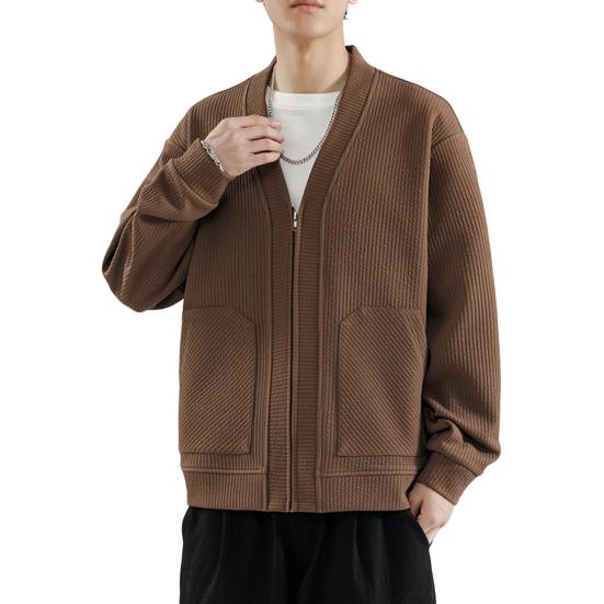 Мужское вязаное пальто с v-образным вырезом и длинным рукавом, однотонный вязаный кардиган с карманами на молнии, свободная верхняя одежда