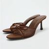Fashion Elegant Brown Mesh Women Slippers Summer Fashion Bow Decoration Slide Sandals Sexy Peep Toe Thin High Heel Sandals Beach Shoes