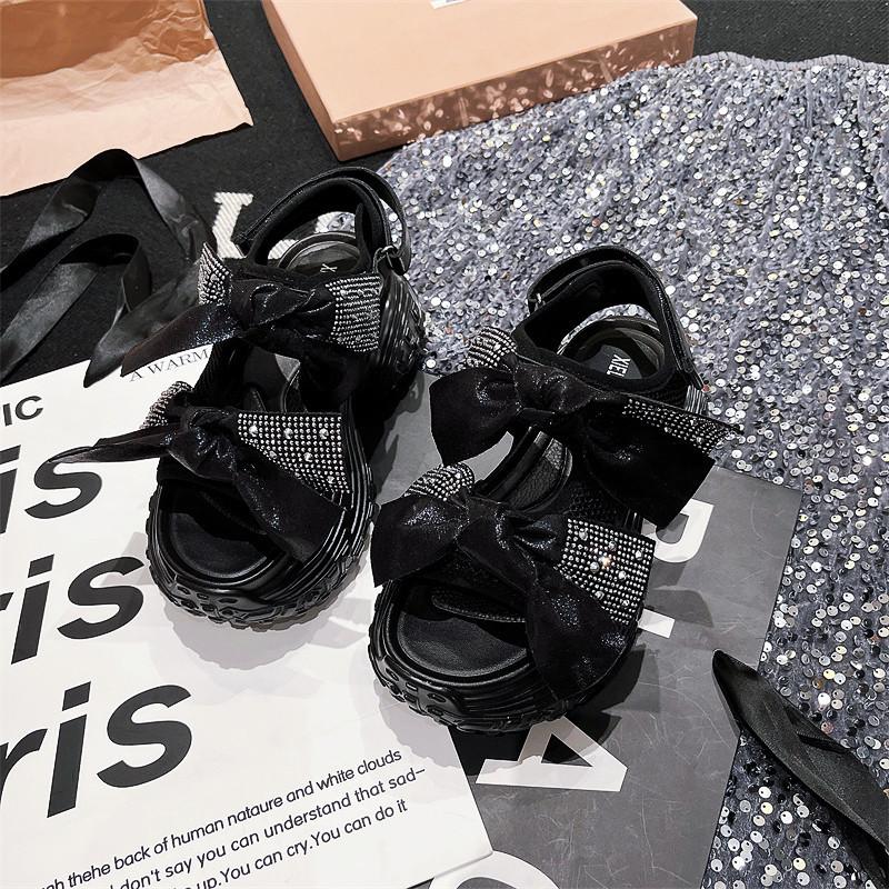 Роскошные летние новые толстые подошвы на высоком каблуке повседневные сандалии женские Bow Water Diamond модные универсальные женские спортивные сандалии