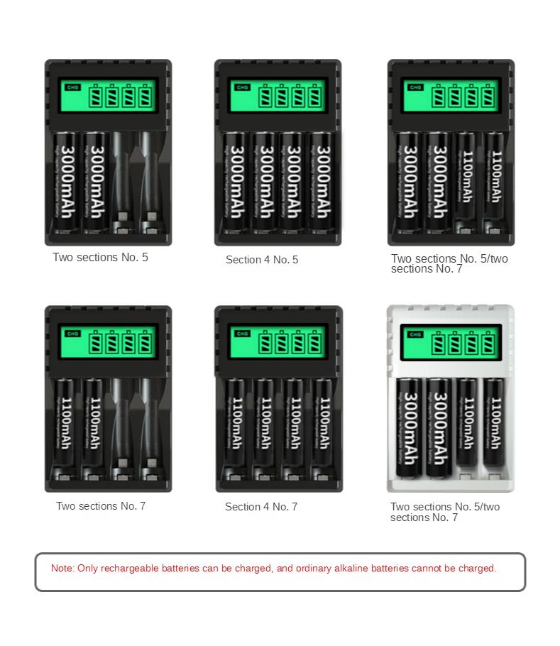 4 Slots Ultra Fast Smart Battery Charger USB Type-c Charger for 1.2V AA AAA Ni-CD Ni-MH Rechargeable Battery LCD Display Quick Charger