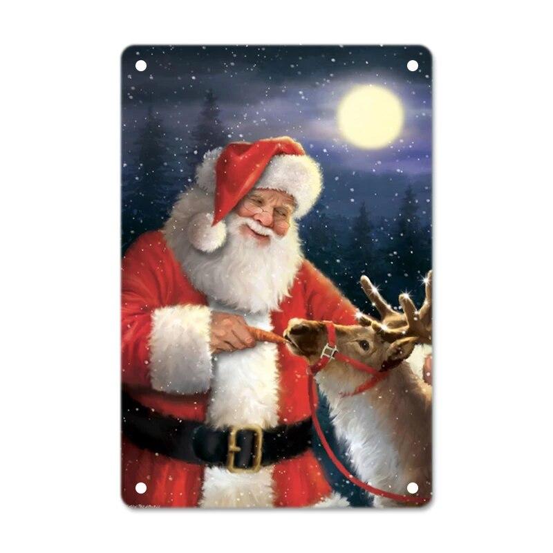 Merry Christmas Posters Tin Sign Cute Snowman and Santa Claus Metal Plaque Wall Art Decor Christmas Gift