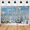 Nautical theme baby party background for photography, sailboat, boat, starfish, wooden board, sailor portrait, Photo background