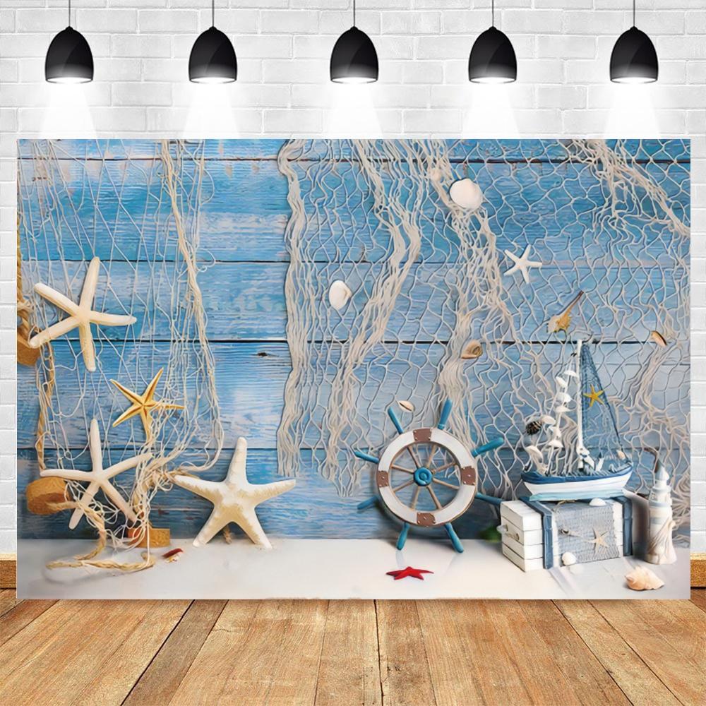 Nautical theme baby party background for photography, sailboat, boat, starfish, wooden board, sailor portrait, Photo background