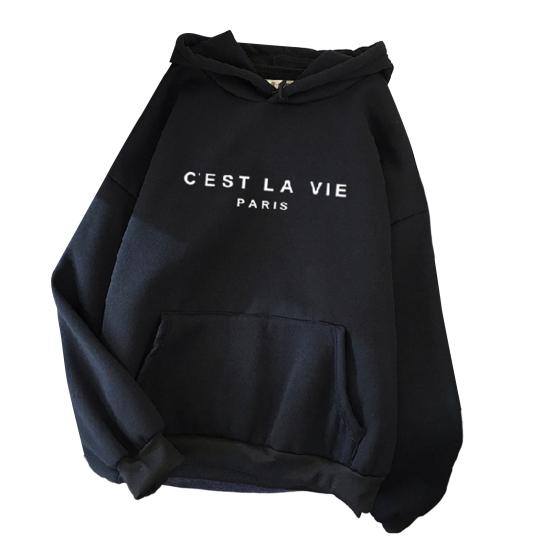 Long Sleeves Front Pocket Drawstring Fleece Lining Pullover Hoodie Autumn Winter Letter Printed Loose Women Sweatshirt Streetwear