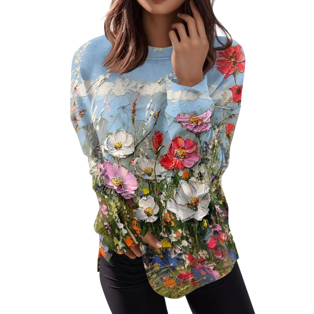 Women's Fashion Casual Long Sleeve Floral Print Round Neck Top