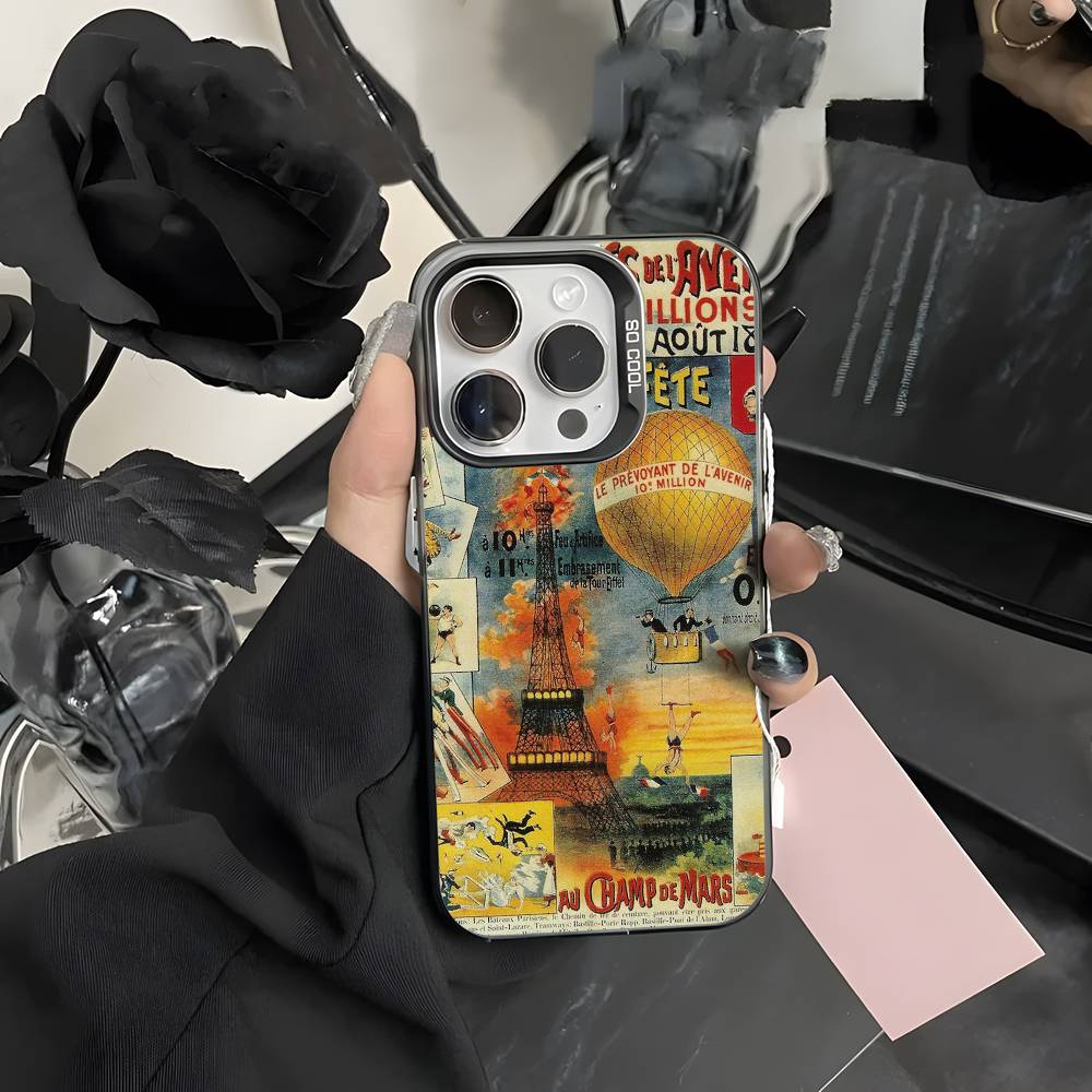 Винтажный Чехол для Телефона с Эйфелевой Башней Париж Для iPhone 16 15 14 13 12 11 Pro Max Черный Чехол Матовый Лазерный Металлик Аврора Funda