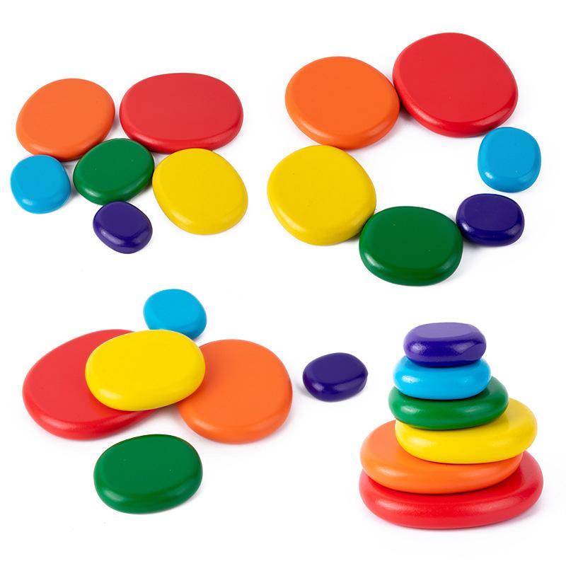 Wooden Montessori Rainbow Pebbles Stack Block Toys Nordic Style Gradient Stacking Stone Balancing Game DIY Educational Kids Toys