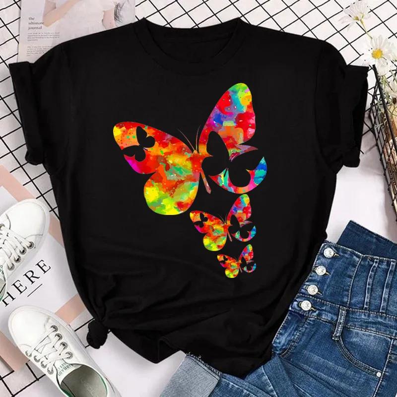 Women's Colorful Butterfly Petal Print T-shirt Short-sleeved Round Neck Cute Graphic Top