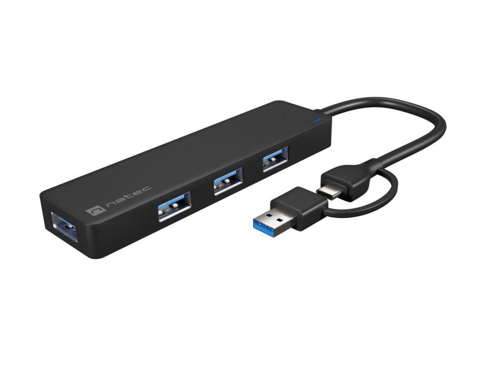 Hub USB Natec Mayfly 4xUSB 3.0 czarny USB-C + Adapter USB-A