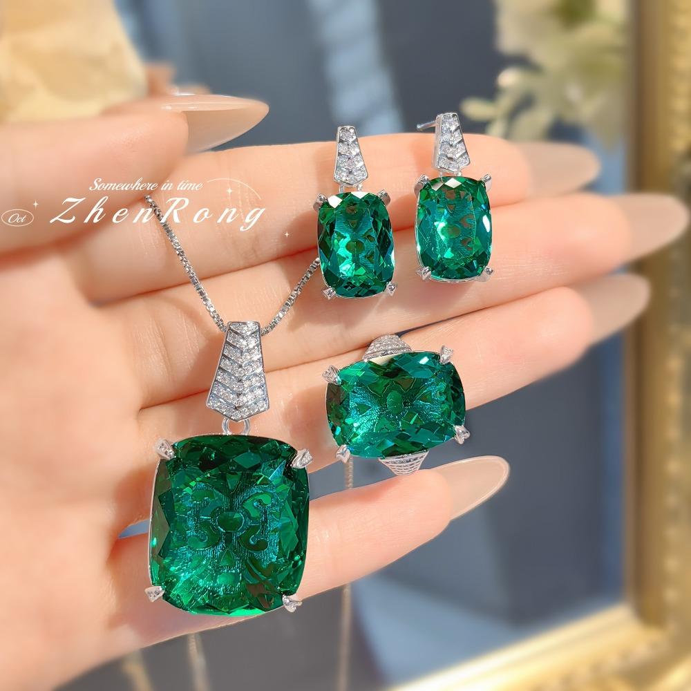 Exquisite Royal Blue Pendant Fat Square Gem Earrings Paraiba Ring Green Diamond Jewelry Set for Women