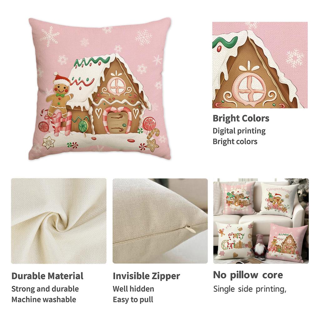 1/4Pcs Christmas Pillowcase, Gingerbread Baking House Cane Candy Cushion Cover, Winter Holiday Home Decoration Pillow Cover