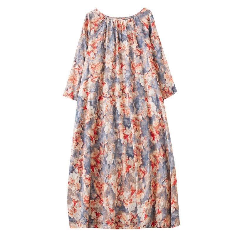 Осеннее литературное платье больших размеров с принтом, свободным круглым вырезом и длинными рукавами для женщин, платья