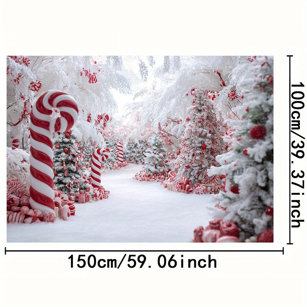 1 piece, Winter Wonderland Background Cloth - Snowy Trees and Red and White Striped Peppermint Candy Stick