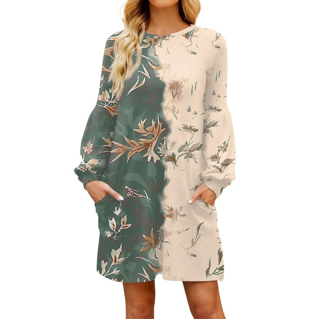 Fashion Womens Long Sleeve A Line Dress Fall Casual Pullover Crewneck Loose Fit Dress With Pockets