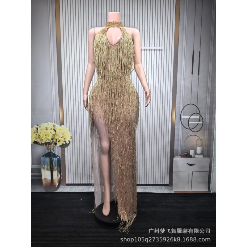 Shimmering Fringe Long Sleeve Performance Dress Slim Fit Halter Neck Evening Gown Nightclub Gogo Dance