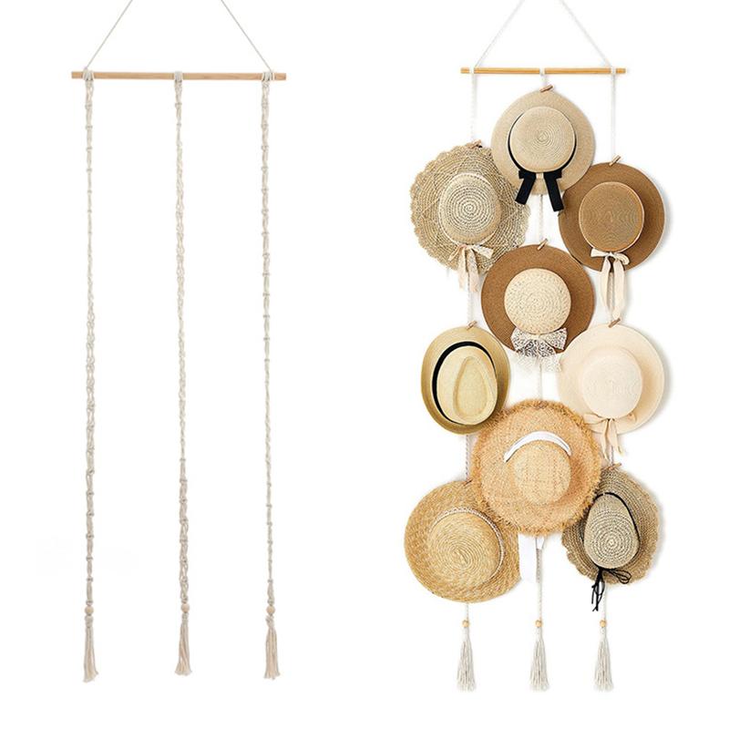 Nordic Boho Cotton Rope Hanging Hat Organizer Display Rack Cap Holder Scarf Hanger Macrame Home Wall Decor
