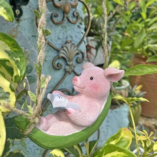 Hanging Resin Pig Figurine Cute Piggy Lying in Hammock Reading Book Hanging Animal