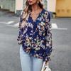 Elegant Floral Blouse for Women V Neck Lantern Sleeve Button Top Autumn Shirt
