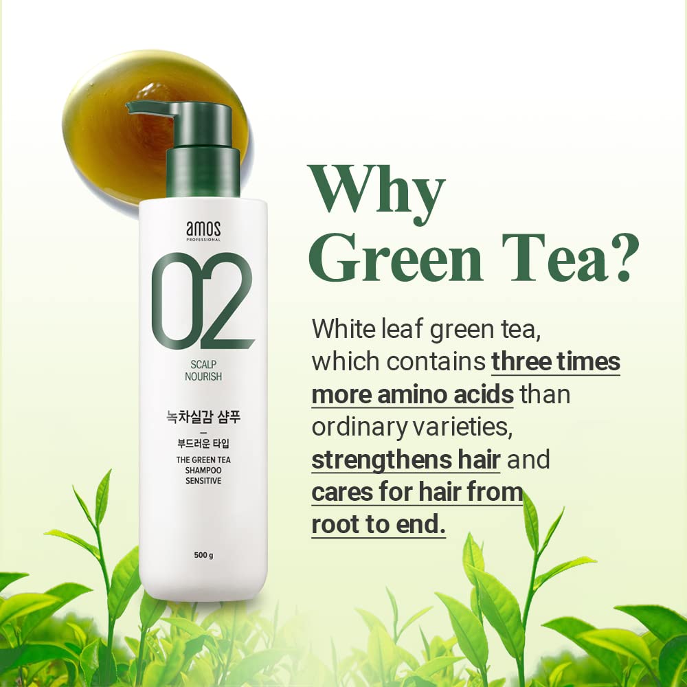 Amos ПРОФЕССИОНАЛЬНЫЙ Корейский увлажняющий шампунь с зеленым чаем для нормальной/сухой кожи головы, 17,6 унций/500 г