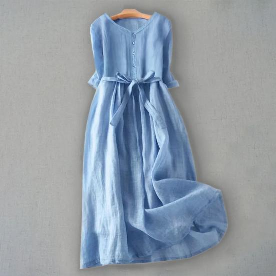 Женское летнее платье с круглым вырезом в стиле ретро, ​​чистый цвет, с короткими рукавами, плиссированное трапециевидное платье с высокой талией и большим подолом, однобортное платье миди для отдыха