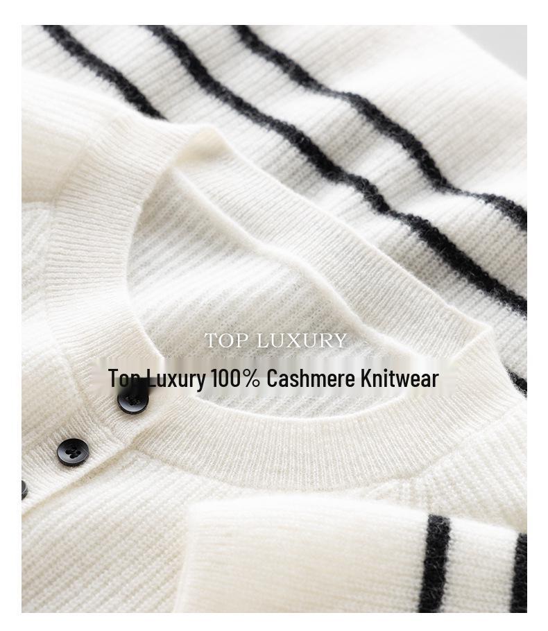 Women's 100% Pure Cashmere Striped Button-Up Raglan Sleeve Cardigan Sweater, Round Neck for Autumn/Winter