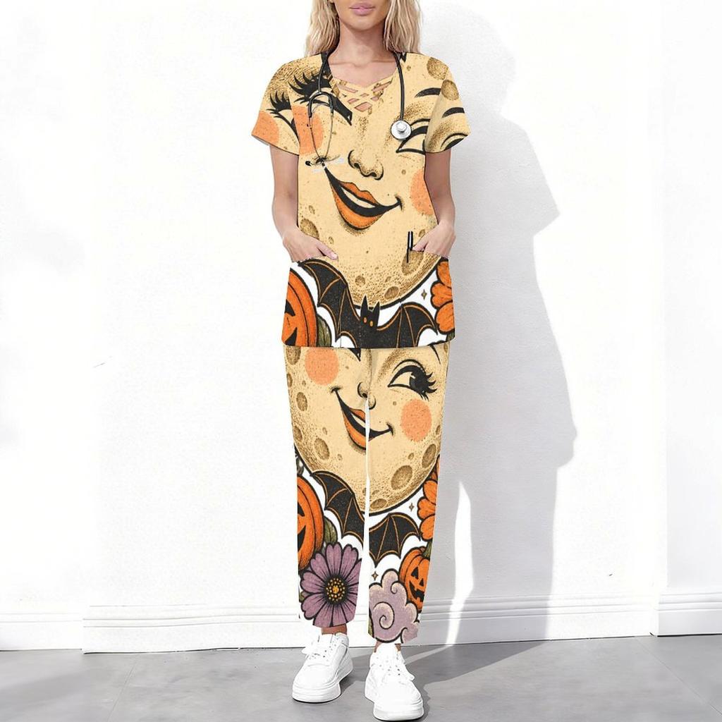 Women Plus Size Halloween Printed Scrub Set Cutout Neck Short Sleeve Pocket Top Long Pants Two Piece