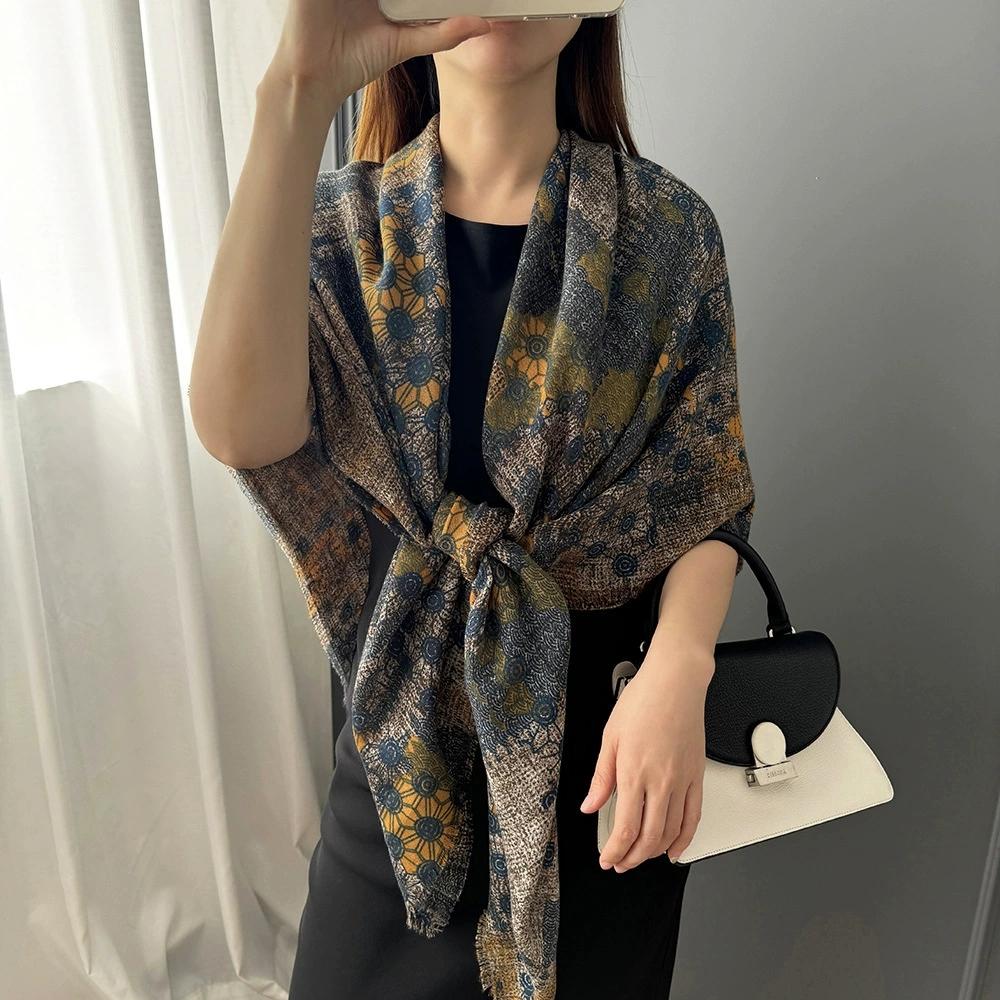 Women Elegant Square Scarf 130x130cm Retro Ethnic Style Soft Cotton Linen Breathable Scarf Large Shawl Female Foulards