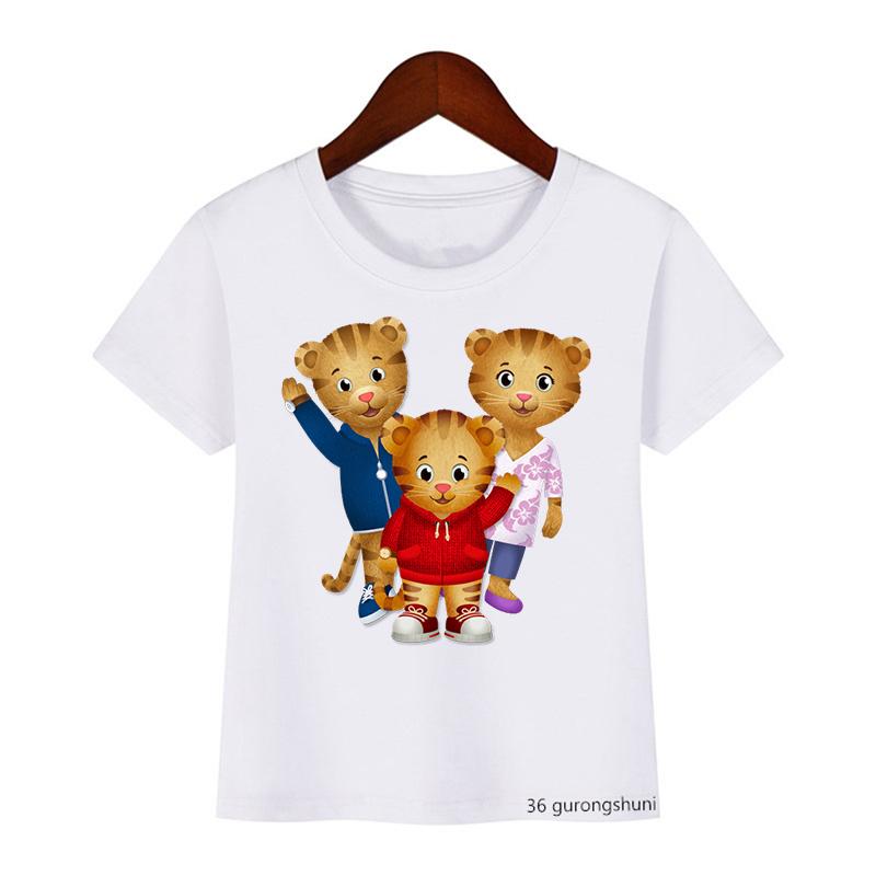 Модная детская футболка, милая футболка с мультяшным принтом Daniel Tiger's Neighborhood для мальчиков, летние футболки в стиле Харадзюку для девочек, белые топы