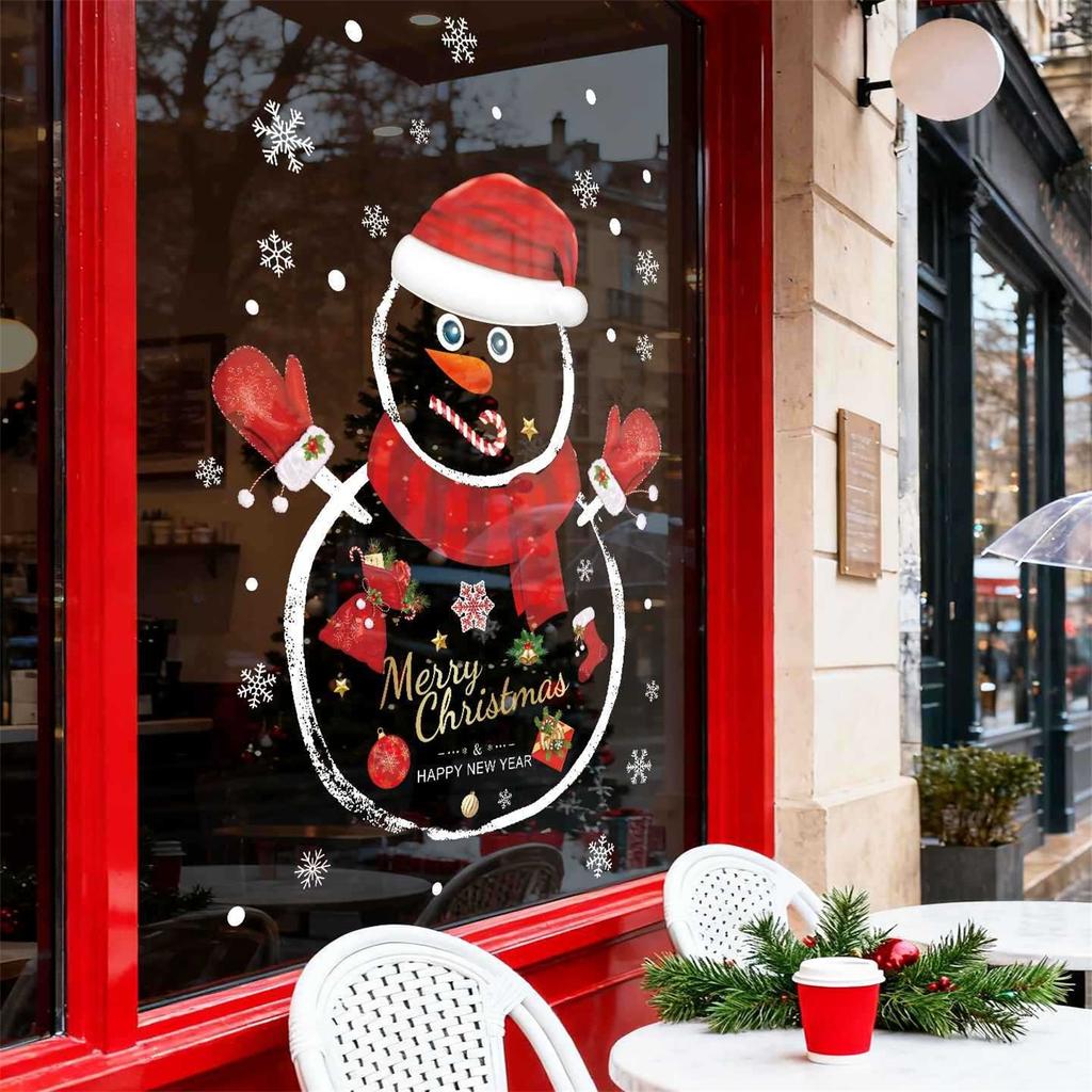 Christmas Decorative Glass Stickers, Snowman Christmas Tree Transparent Window Stickers, Decorative Atmosphere Scene Setup