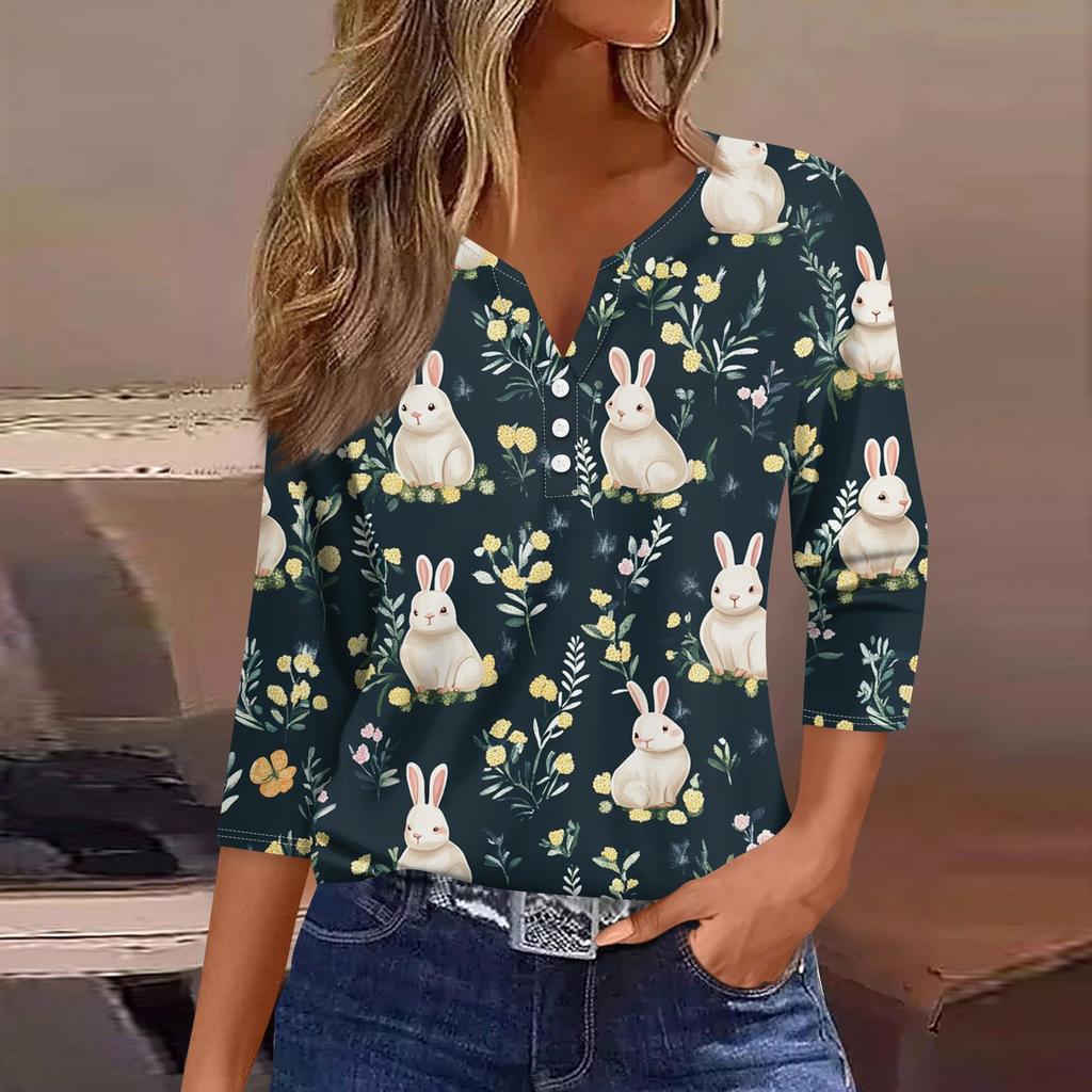 Жен. Футболка Футболка С принтом Пуговицы Рукав 3/4 Повседневные Выходные Мода Классический V-образный вырез Обычный Топ