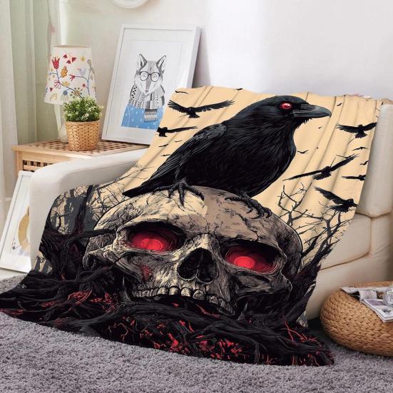 Gothic Flannel Blanket Creepy Red Eye Skull Crow Throw Blanket Washable Cozy Blanket for Men Women Boys Girls Sofa Couch Bed Use