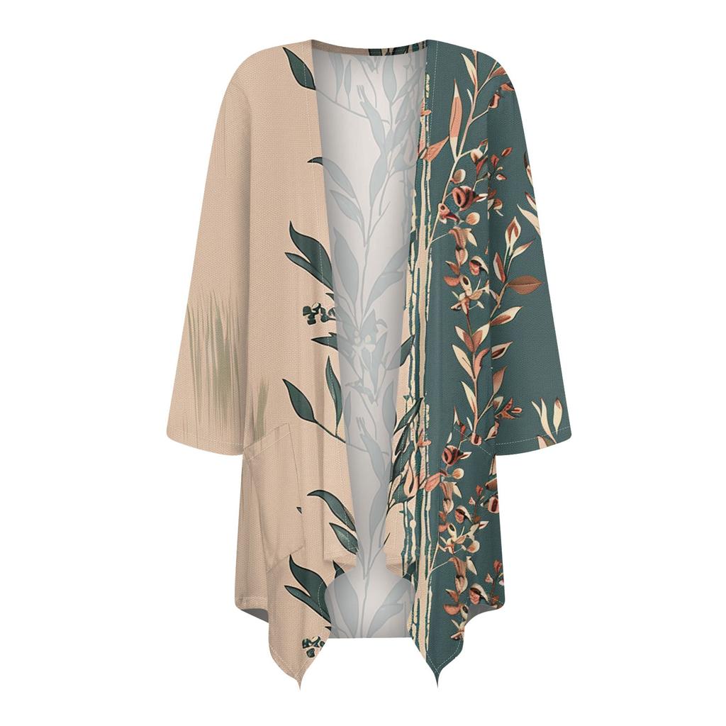 Women's Fall Print Irregular Three-quarter Sleeve Cardigan With Pocket Jacket