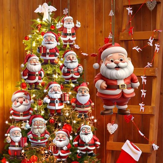 12 Pcs Wooden Santa Claus Ornaments Christmas Tree Hanging Cartoon Santa Claus Decoration for Xmas Tree Party Decor