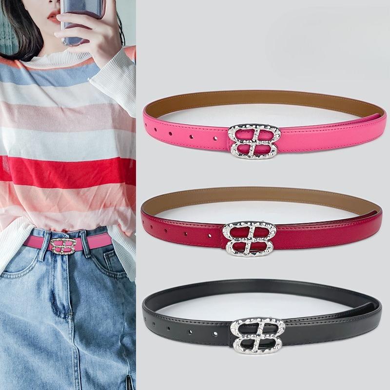 Genuine Leather Ladies' Red Belt, Cowhide Versatile, Simple and Fashionable Jeans, Decorative Belt, Rose Red