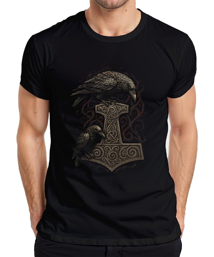 Thor's Hammer with Raven Norse Mythology Viking Rune Art Men's T-Shirt