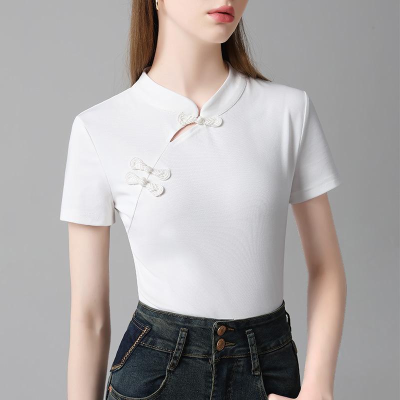 Новый китайский стиль с наклонной планкой и воротником-стойкой, новая женская одежда, футболка с короткими рукавами и воротником-стойкой в китайском стиле для женщин