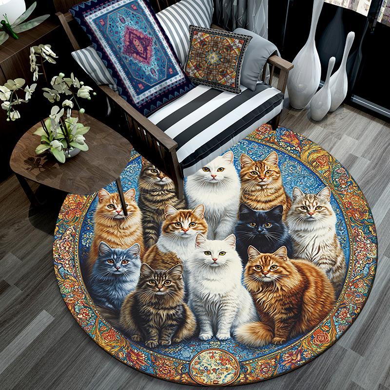 Круглый ковер с кошками, Ковер для гостиной, спальни, дивана, игровой комнаты, Нескользящий коврик для пола