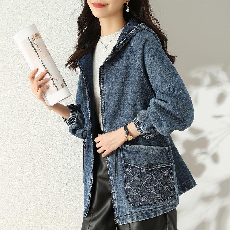 Korean Style Denim Jacket Women Loose Fit Spring Autumn Fashion Hooded Casual Coat