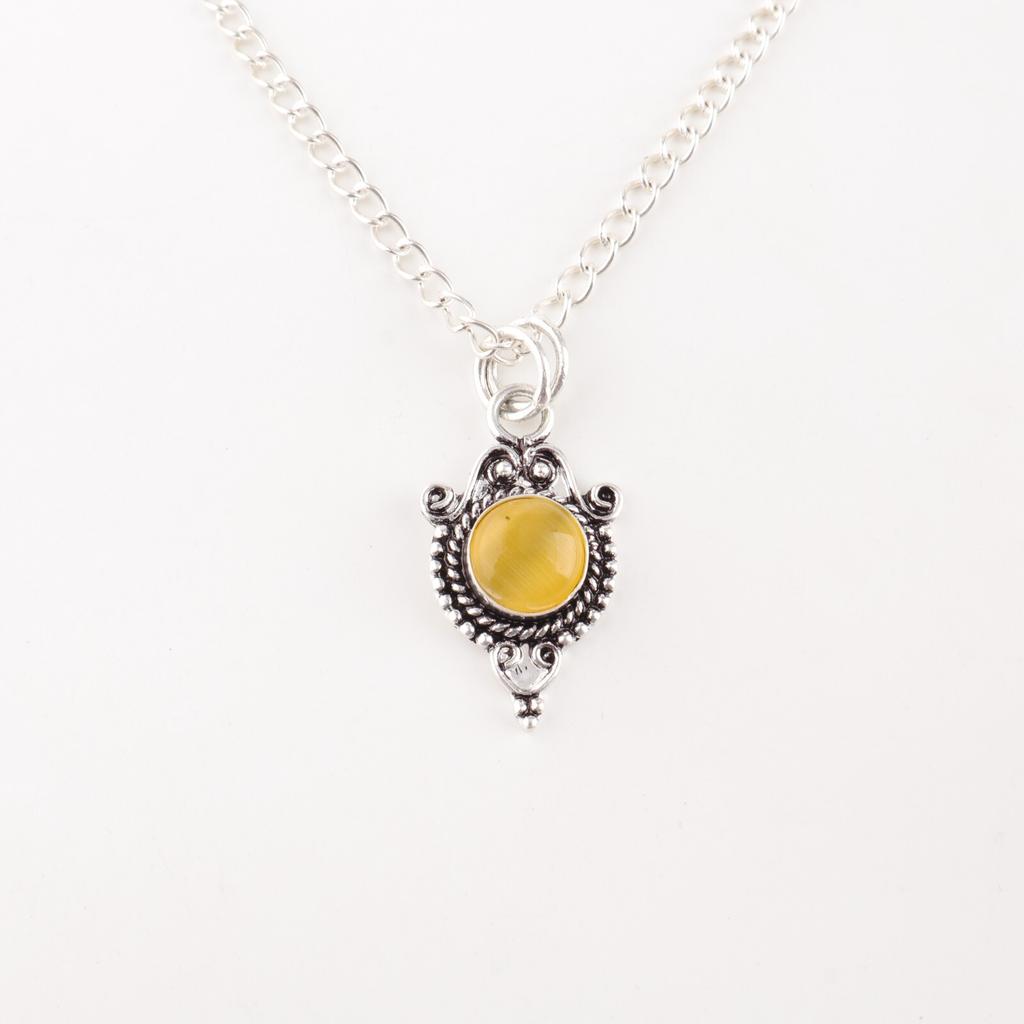 Natural Yellow Cat's Eye Gemstone 925 Sterling Silver Jewelry Handmade Pendant PP-39-48
