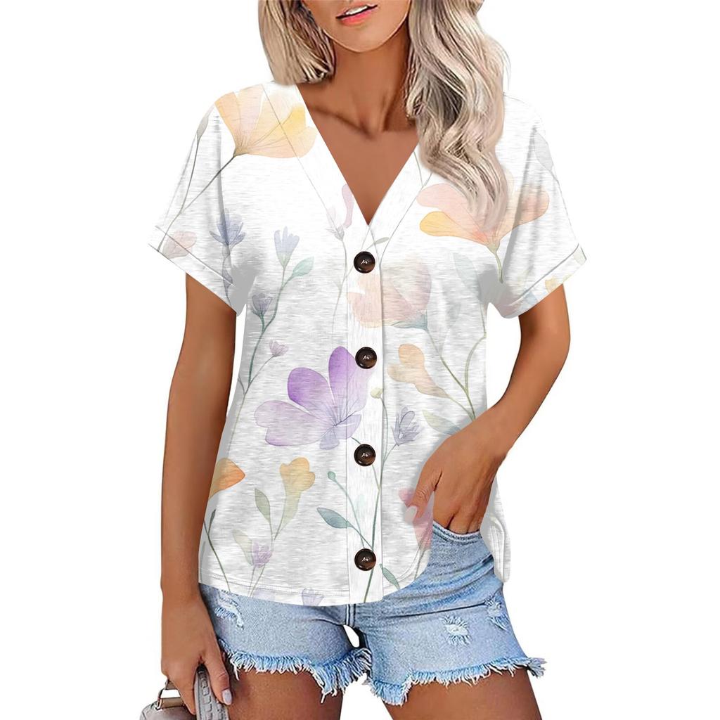 Женская мода с короткими рукавами и V-образным вырезом, повседневная футболка с пуговицами