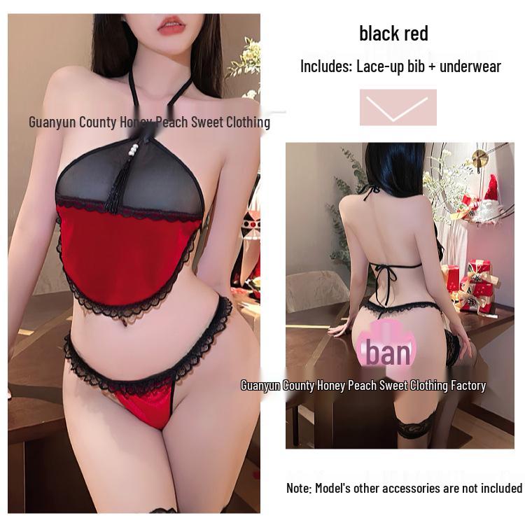 Christmas Mesh Lingerie Set: Halter Tie-Up Top & Doudou Panties