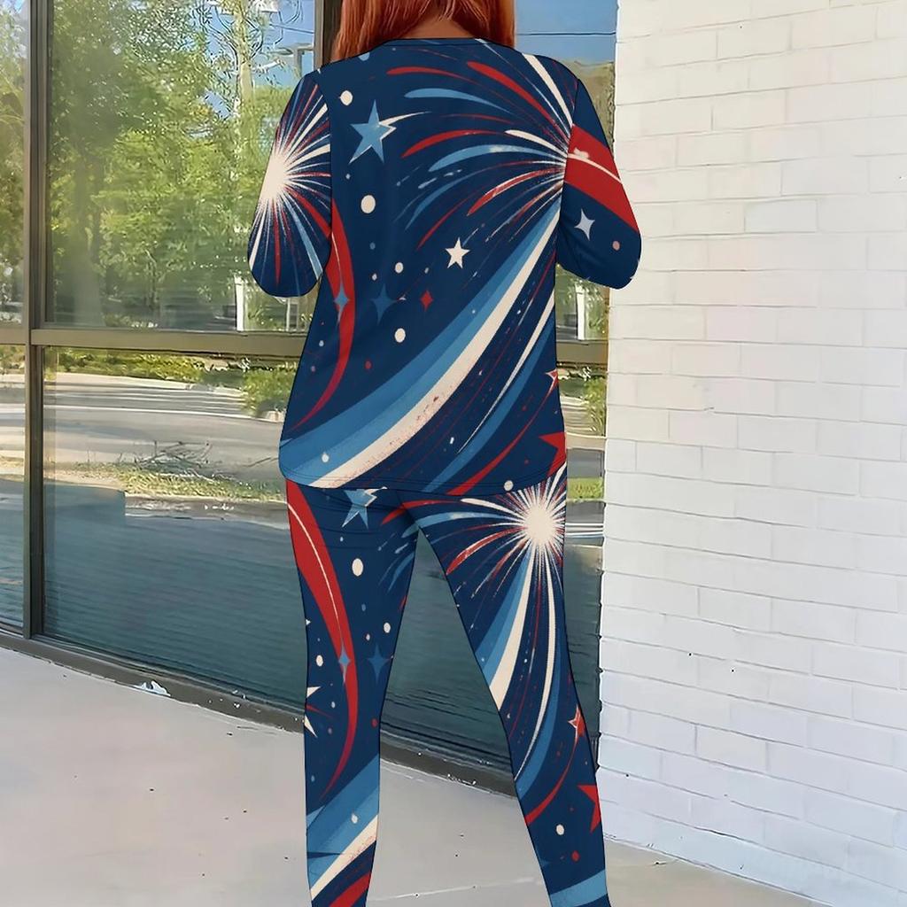 Women Plus Size Two Piece Set Round Neck Long Sleeve Firework Printed Navy Blue Fitted Pants