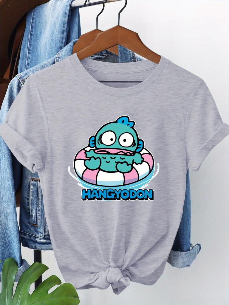 Women'S  HANGYODON Graphic T-Shirt Casual Crew Neck Short Sleeve Tee with Playful Green Character Design Playful Print Trendy